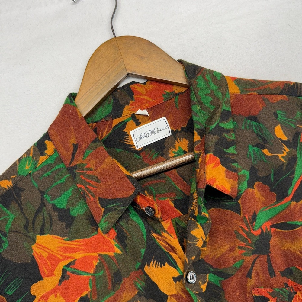 Vintage Saks Fifth Avenue Shirt Mens XL Orange Floral Hawaiian Rayon USA made